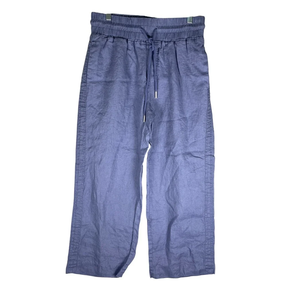 Quince Wide Leg Linen Pants Womens S Blue Very Good Smocked Drawstring Relaxed